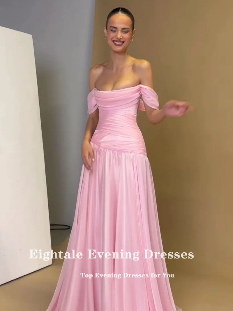 Vestido de noche árabe de Eightale con hombros descubiertos, vestido de fiesta de boda personalizado con pliegues de gasa rosa para celebridades