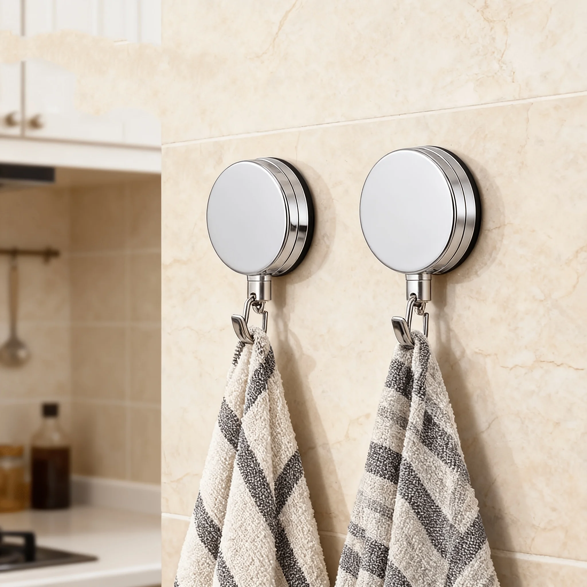 2-Pack Automatic Retractable Towel Rack, No-Drill Self-Adhesive Wall-Mounted Towel Holder, Automatic Rebound with Strong Clips, Adjustable Tension Bathroom and Kitchen Organizer, Suitable for Home and Hotel Use