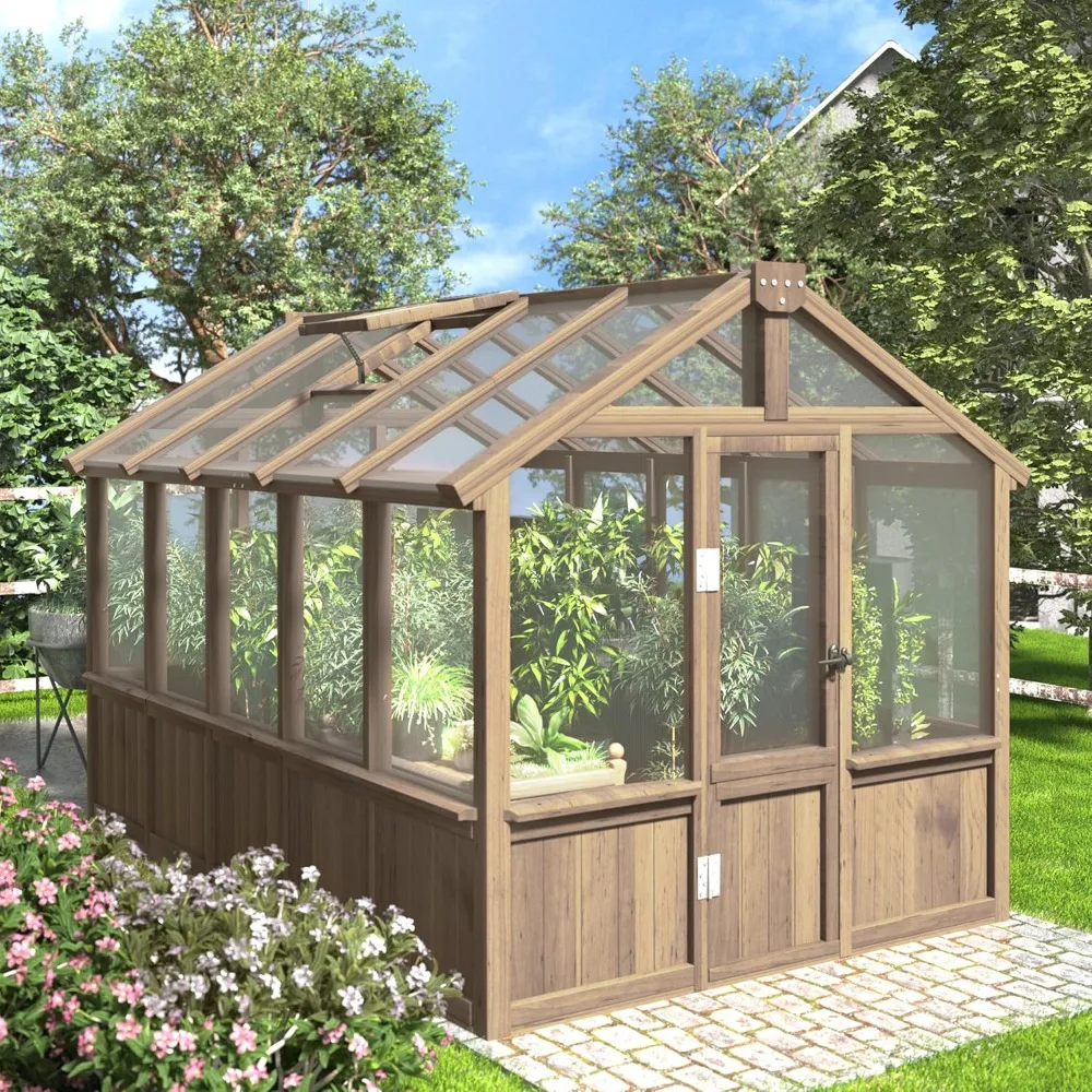 

6x10FT Wooden Greenhouse, Greenhouse for Outdoors with Cedar Frame, 4-Layer Polycarbonate Panel Green House with Adjustable Vent