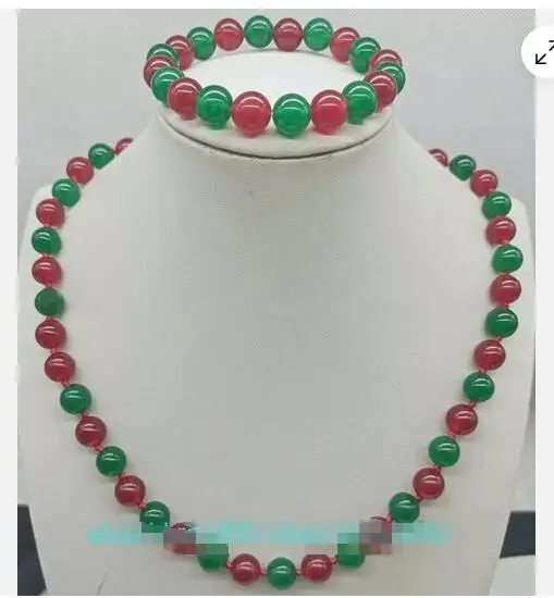 Ensemble collier et bracelet en pierres précieuses, perles rondes, rouge naturel, diversifier, vert, 8mm