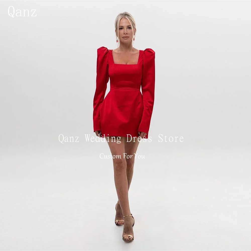 

Qanz Simple Red Short Prom Dresses Long Sleeves Square Neck Mini Satin Cocktail Dresses Vestidos De Gala Mujer 2024 Para Fiesta