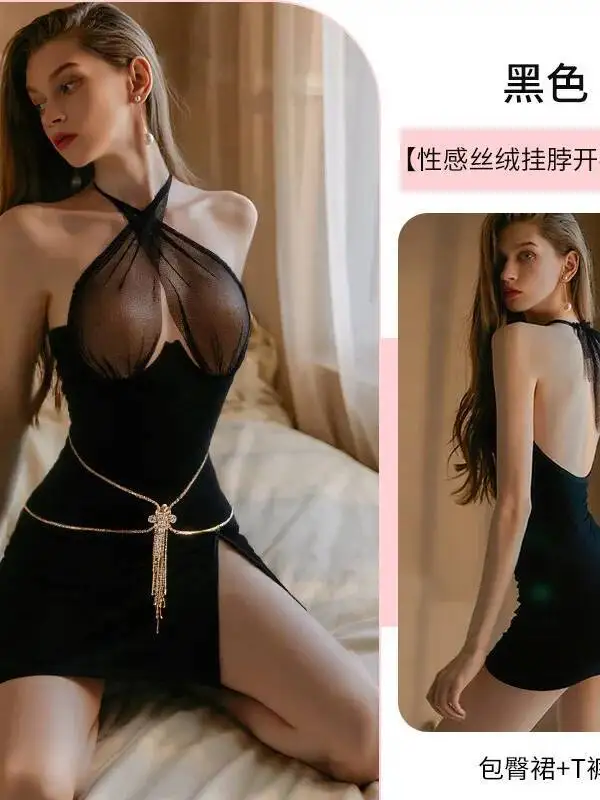 Sexy velours moulante moulante à armatures chemise de nuit chaude transparent licou chemise de nuit robe élégante réservoir Mini robe Sexy OVG9