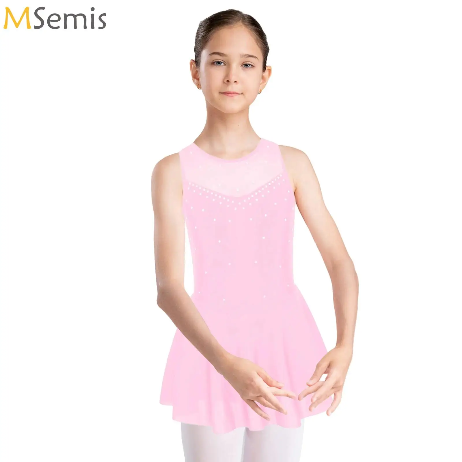 

Kids Girls Rhythmic Gymnastics Ballet Jersey Figure Skating Lyrical Dance Costume Rhinestone Tulle Ballet Dance Leotard Dress