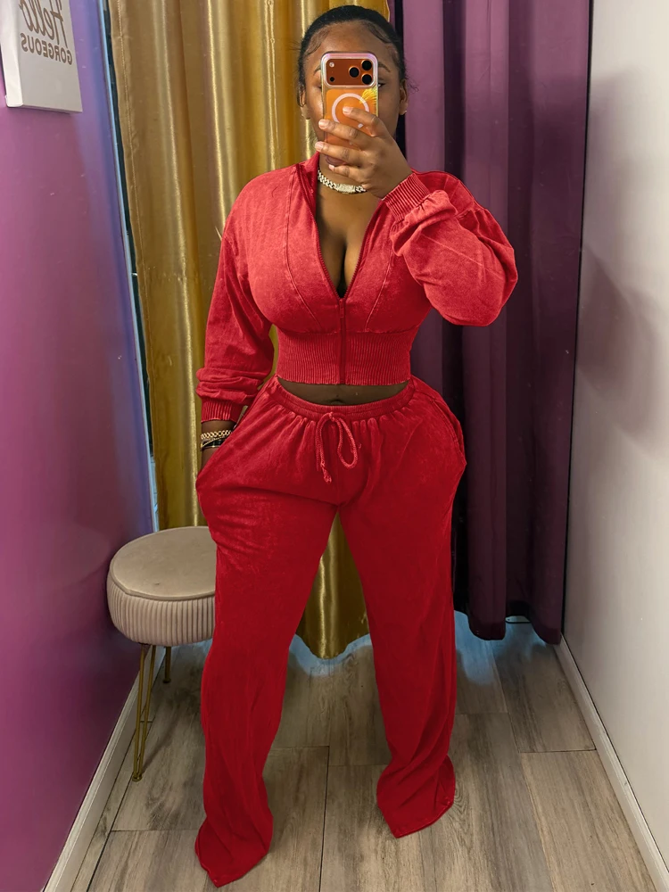JENYAGE Damen 2-teiliges Vintage-Outfit, Stretch-Crop-Top mit Reißverschluss vorne, elastische Hose mit Kordelzug und weitem Bein, lässiges Loungewear-Set – Detail 3
