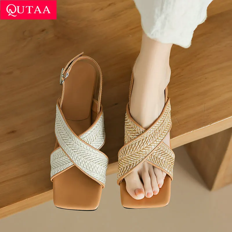 

QUTAA 2024 Women Summer Sandals Sexy Square Toe Back Strap Party Shoes Crystal Summer Wedding Dress Pumps Shoes Size 34-43