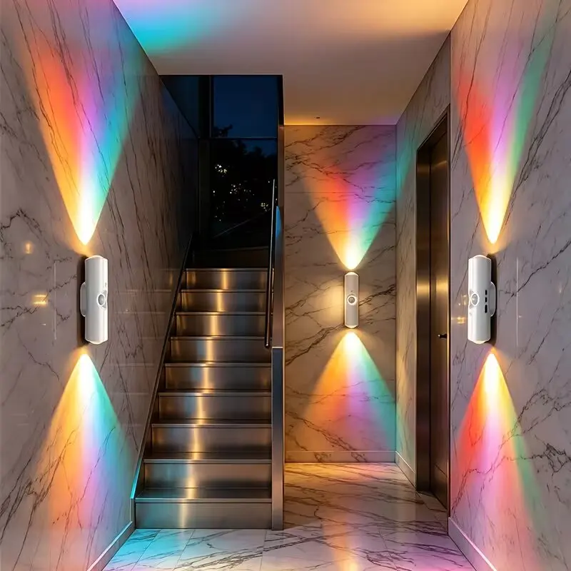 RGB Motion Sensor LED Wall Lamp Type-C Rechargeable Up-Down Dual Lighting Color Changing Neon Mood Light Dimmable Nightlight for Bedroom Corridor Stair Decor Christmas Gift