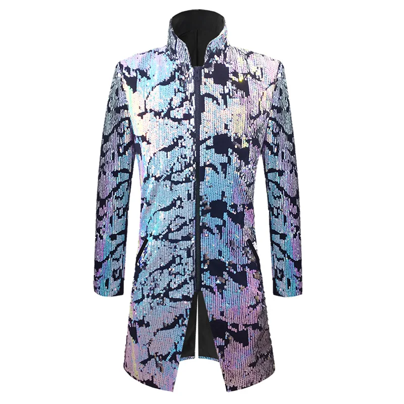 2025 Stand Collar Map Sequin Mid-Length Zipper Blazer for Men,Fashion Runway Show Triangle Sequin Men's Jacket /Performance Wear