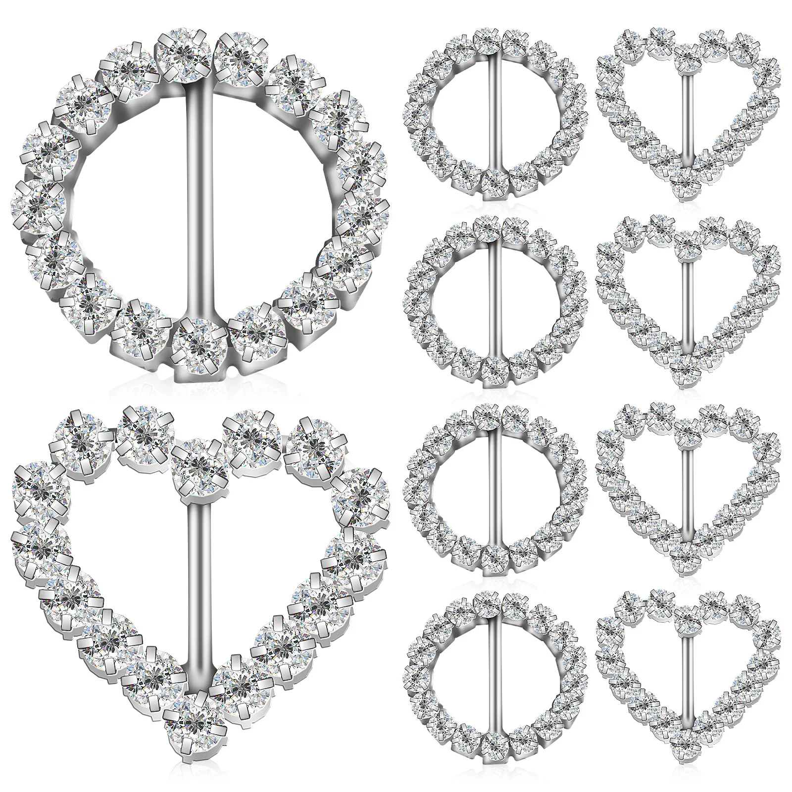 

10 pcs Rhinestone Buckles Round Heart Gem Decorative Craft Accessories Slider Ribbon Shoe DIY Fastener Metal Hardware Storage