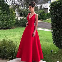 Customized long satin prom party evening dresses vestido de noiva sereia gown robe de soiree gown red V-neck