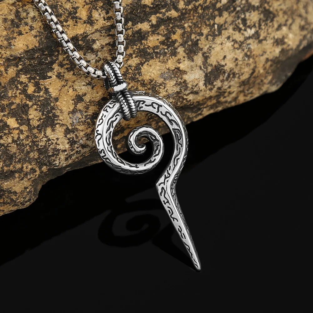 Men's Titanium and Steel Coiled Snake Scepter Necklace Non Tarnish Totem Pendant