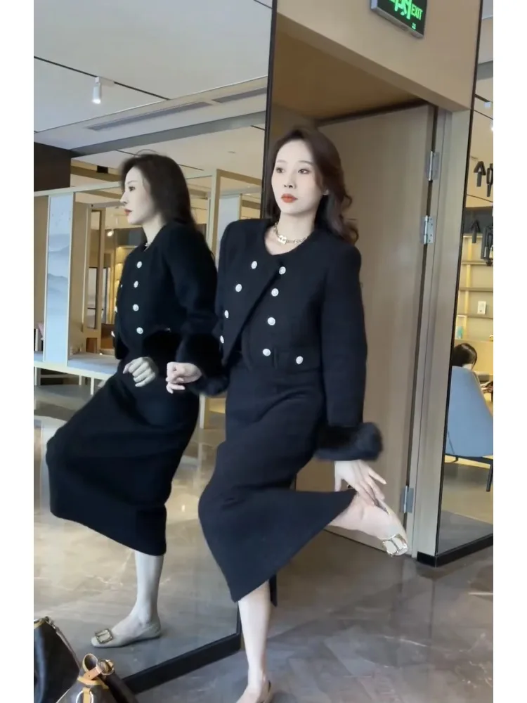 Tweed Suit Dress Elegant Socialite Two-piece Set for Women Female Office Lady 2025 Winter New Down Jacket Slim Skirt Hot Sale