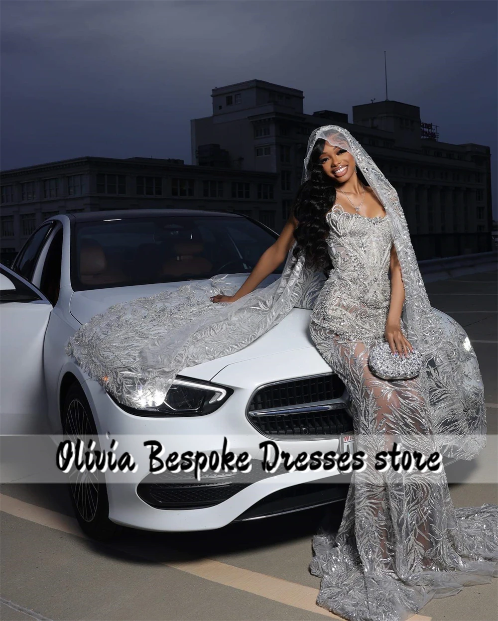 Sparkle Silver Beads Strapless Evening Dress With Headscarf Mermaid Aso Ebi Formal Party Dress African Wedding Guest Customized
