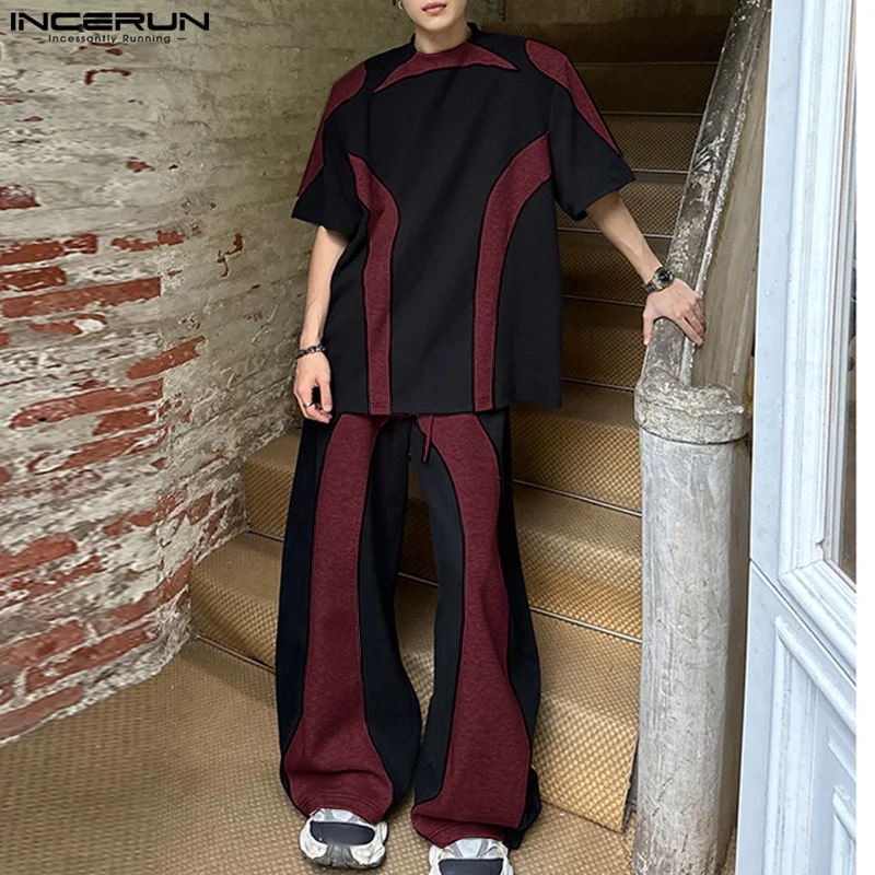 INCERUN 2024 Stylish Sets Handsome Men Short Sleeve T-shirts Wide Leg Pants Casual Personality Male Splicing Two Piece Sets 2024