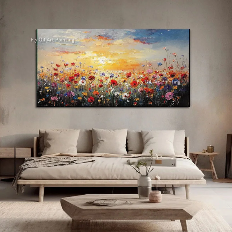 Hand Painted Sunset Wildflower Landscape Canvas Art, Heavy Texture Floral Field Oil Painting, Contemporary Interior Wall Decor