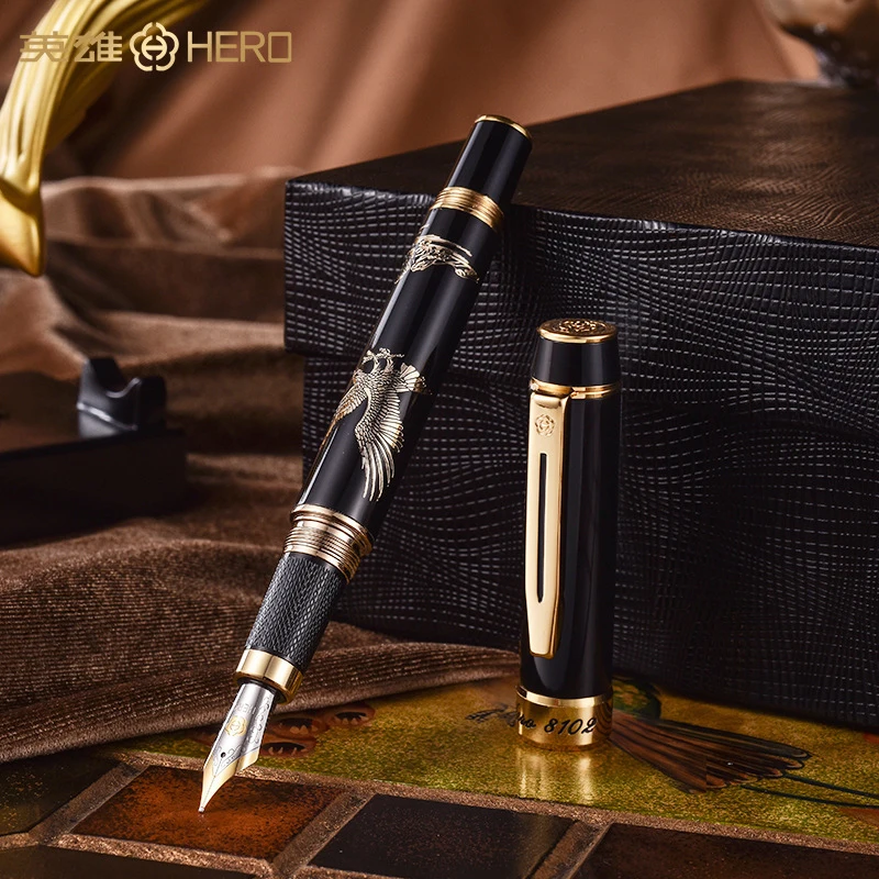 Imagem -02 - Leão Preto e Dourado Metal Fine Nib Fountain Pen Roller Ball Pen 2-head Gift Pen Gift Box Hero 8102 0.5 mm Novo