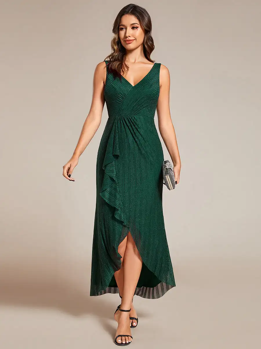 Sempre bonita-vestido de noite sereia, lindo vestido de noite, plissado, gola V, comprimento midi, verde escuro, vestido de casamento, 2024