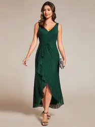 Gorgeous Evening Dresses High-Low Ruffle Mermaid with V-Neck Midi Length 2024 Ever Pretty of Dark Green Wedding Guest Dress