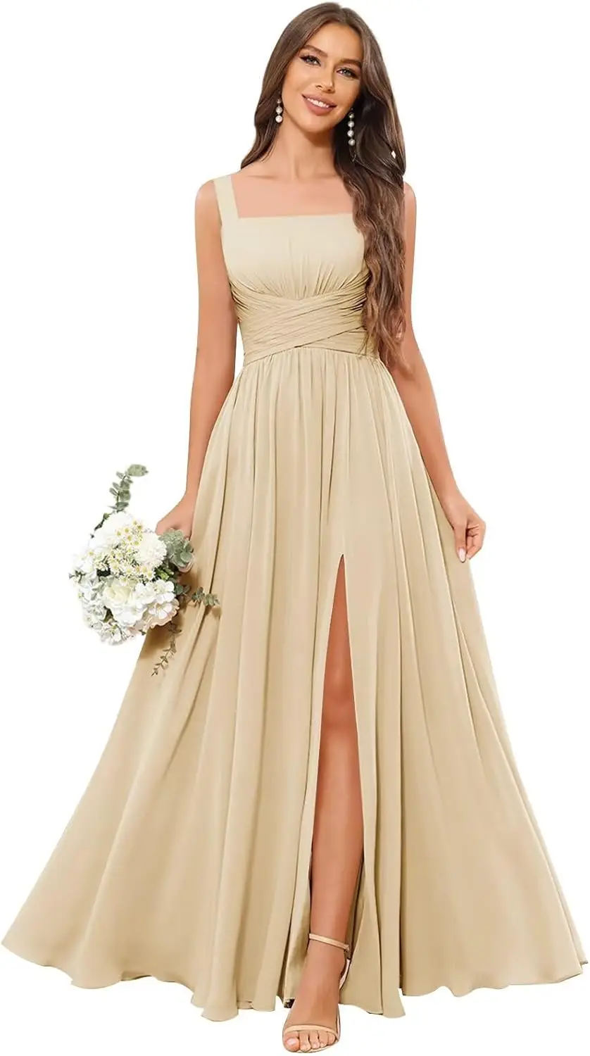 Chiffon Bridesmaid Dress with Ruffled Edges and Thin Shoulder Straps A Long Ball Dress with Pockets Elegant Evening Dress,Formal