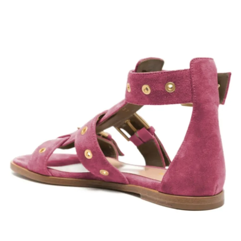 DIZHUANG صندل مسطح مثير للنساء. صندل من جلد الغزال الوردي (الأزرق). أحذية نسائية صيفية. الأجهزة الصنادل حزام مشبك. عرض أزياء