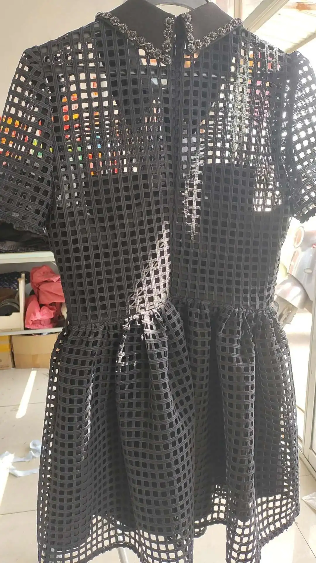 SP French Light Fragrance Short Sleeved Beaded Heavy Industry Water Soluble Lace Hollow Small Black Dress