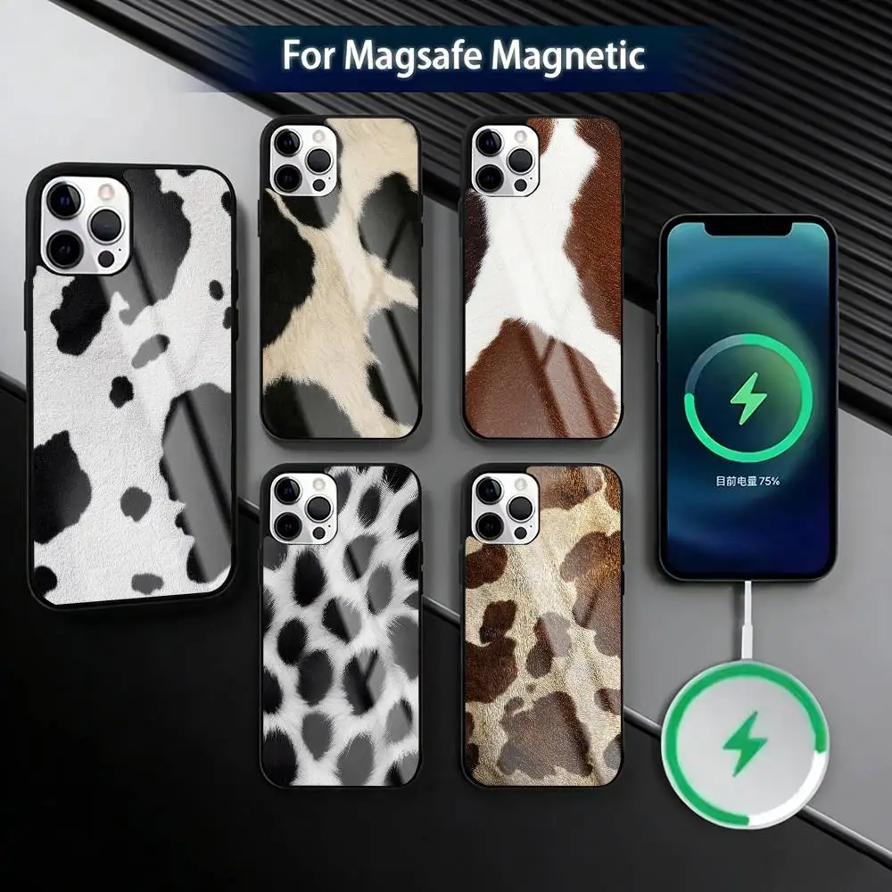 

Creative Milk Cow Pattern Lychee Texture Phone Case For iPhone17,16,15,14,13,12,11Pro Magnetic For Magsafe Wireless Charging