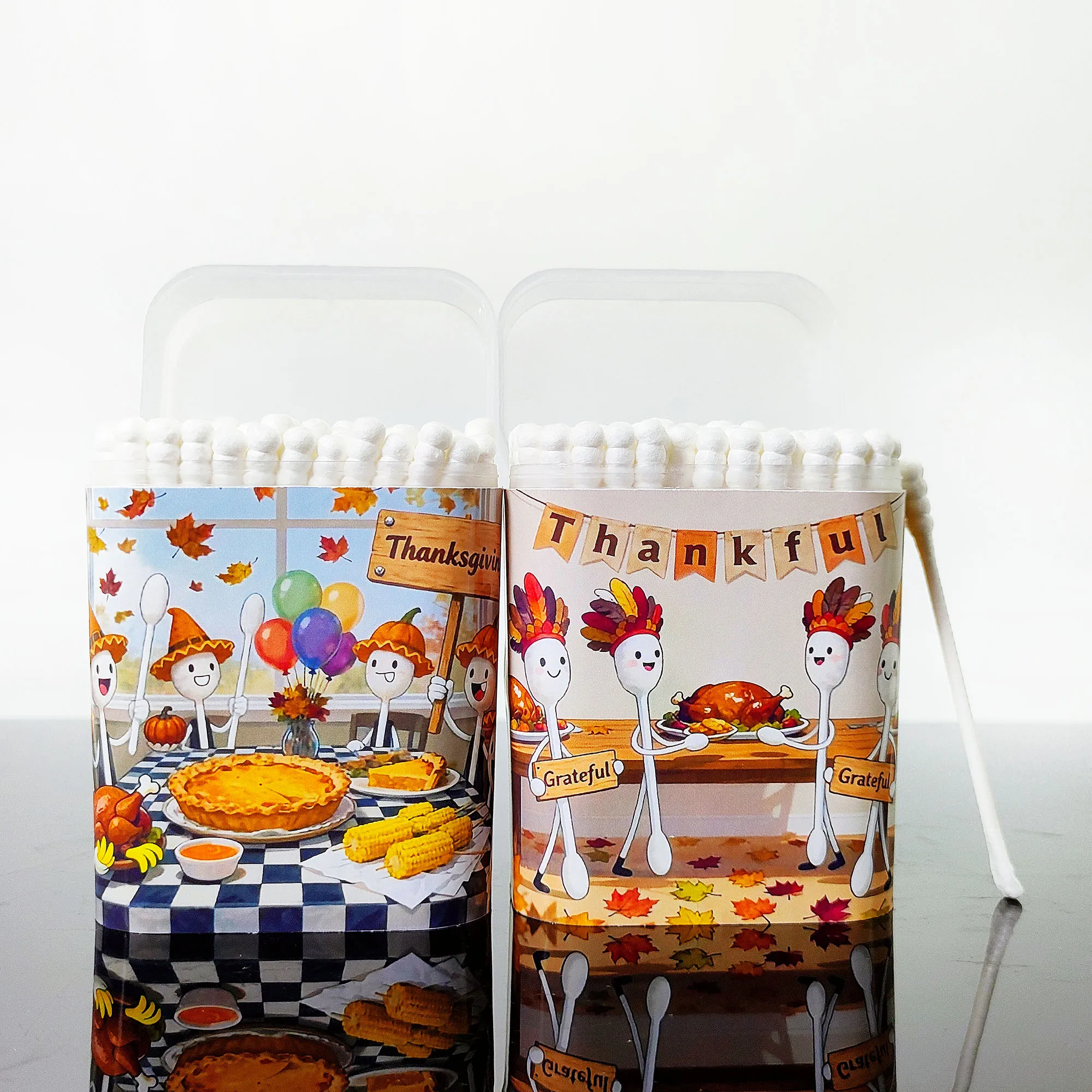 200 hisopos de algodón con temática para fiesta de Acción de Gracias, fiesta de celebración de Acción de Gracias, palos de algodón gruesos con cuchara en espiral de doble punta.