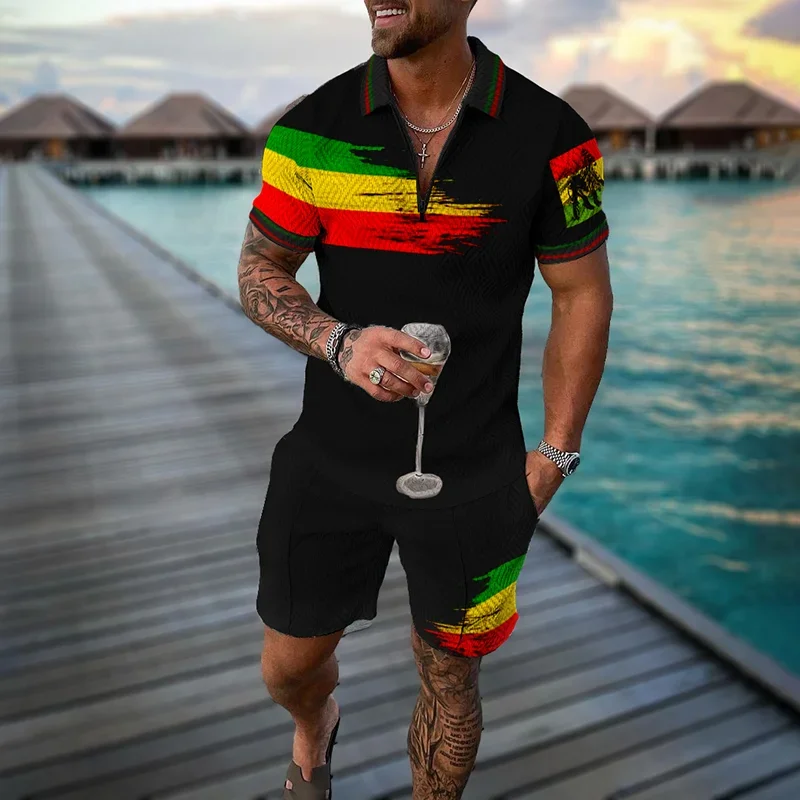 Fashion Men's Suit Zipper Polo Shirt Shorts Pants Two Piece Set Coconut Tree Stripe 3D Print Casual Men Clothing Tracksuit Set