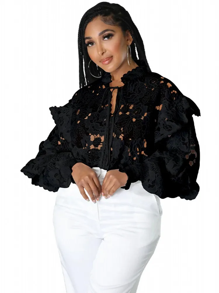 Dashiki African Shirts For Women Elegant Long Sleeve Hollow Out Lace Sheer See Through Top Blouse Clothing 2022 New Autumn