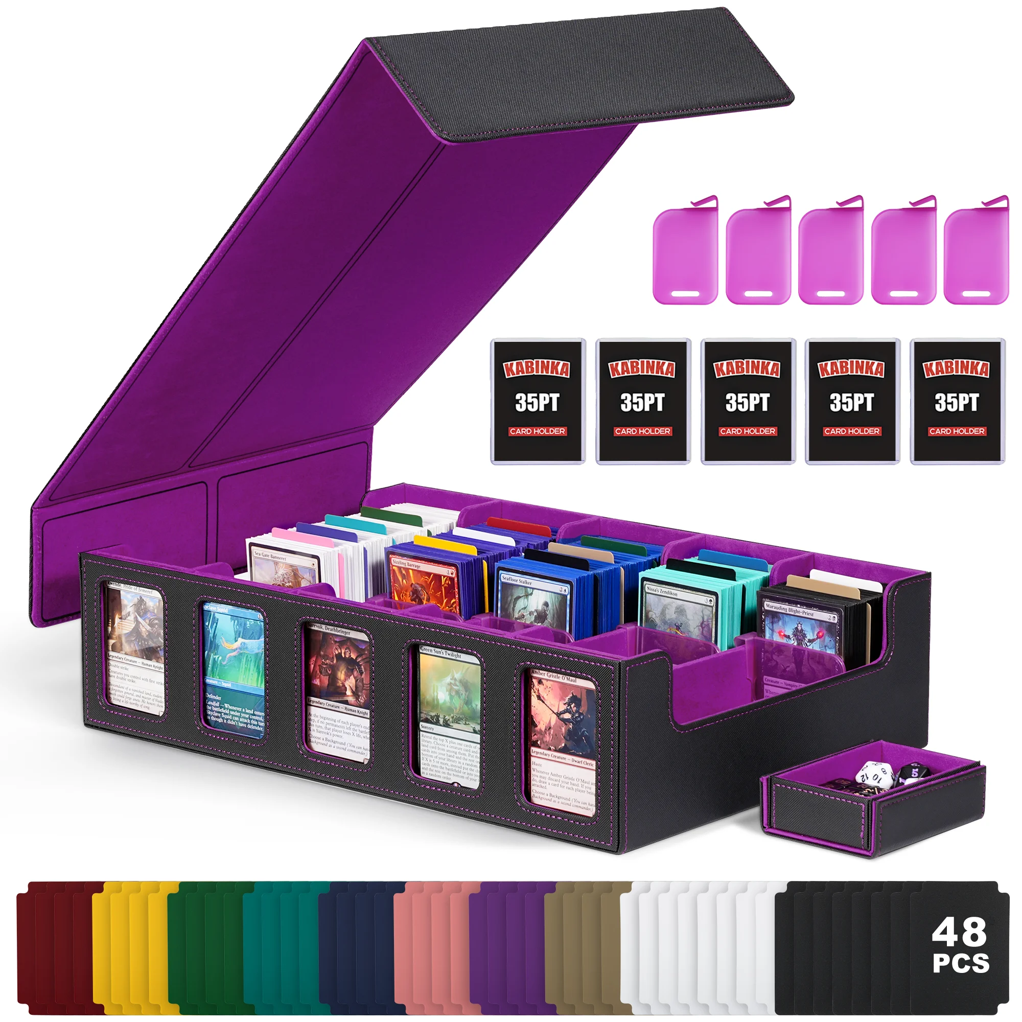 

Trading Card Storage Box with Commander Display Dice Tray, 5-Row Deck Case with Removable Lid; 3900+ Card Deck Box for MTG TCG with 48PC Colorful Markable Dividers