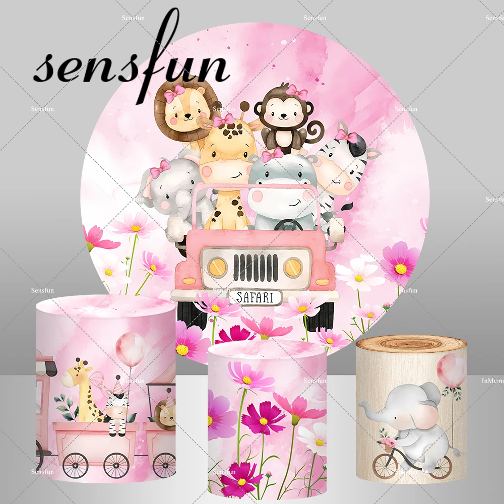 Pink Driving Car Animals Round Backdrop Cover for Girls Safari Jungle Birthday Party Decor Wild One Plinth Covers Elastic