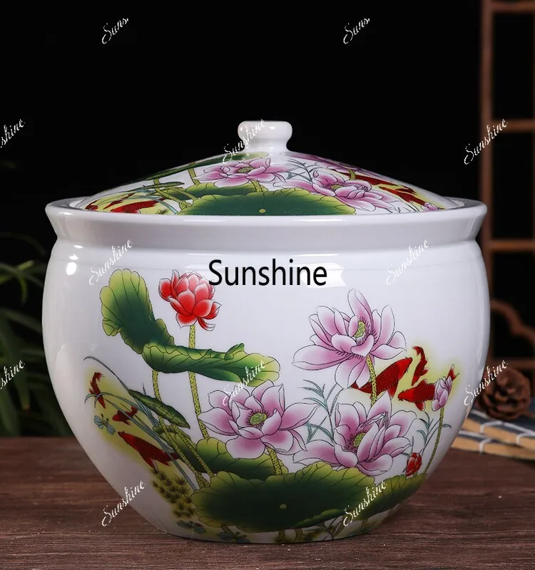 Lidded blue-and-white rice jar, ceramic rice storage box, lard-pickled vegetable tea canister, household use