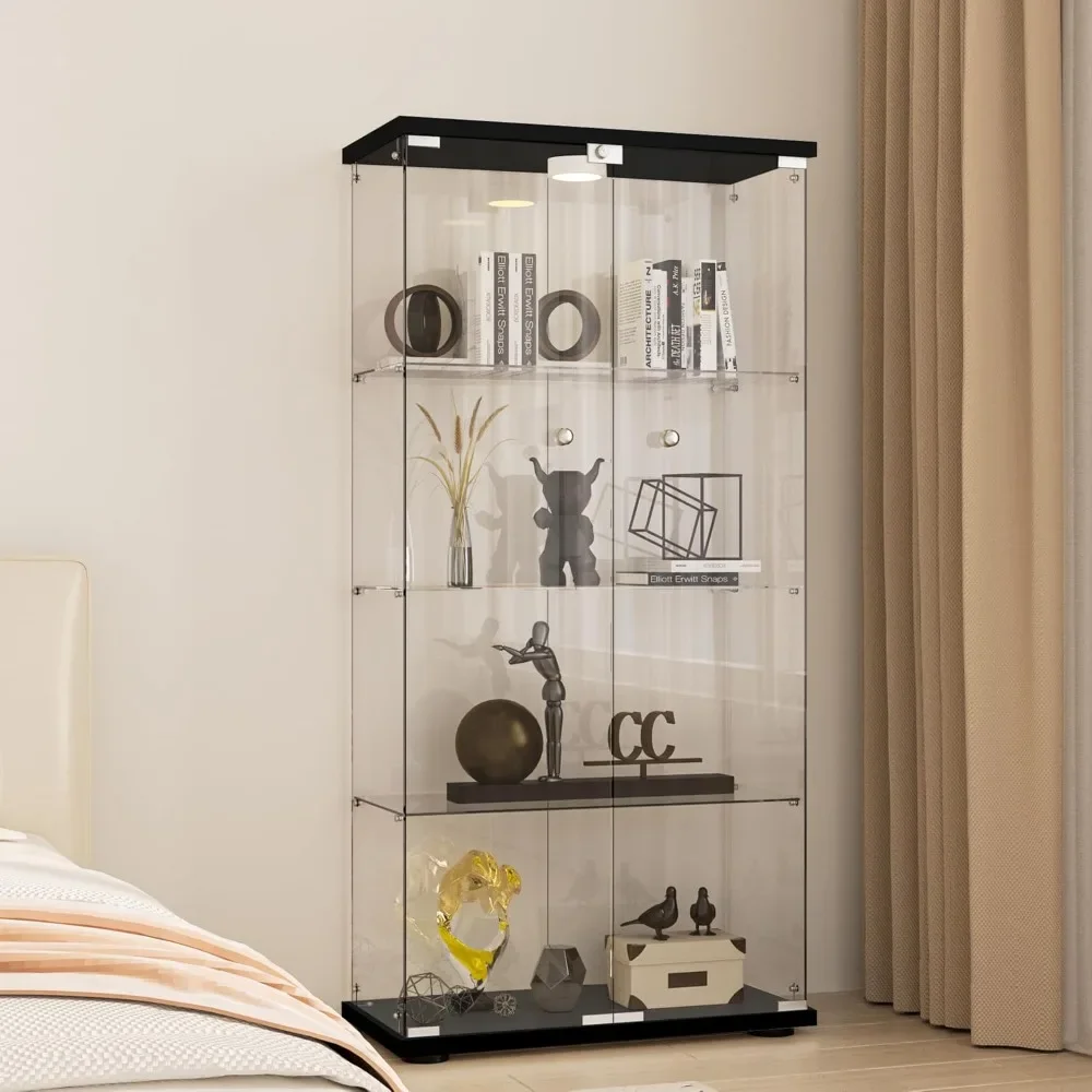 

4 Tiers Display Cabinet with LED Light & Locks, Easy Install, 2 Doors Ultra Clear Glass Display Cabinet