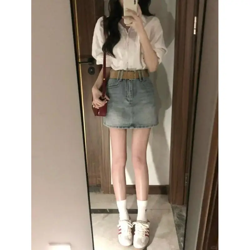 

Women White Puff Sleeve Button Down Shirt & High Waist Denim Mini Skirt Two Piece Set Casual Streetwear Outfit Summer Daily Wear