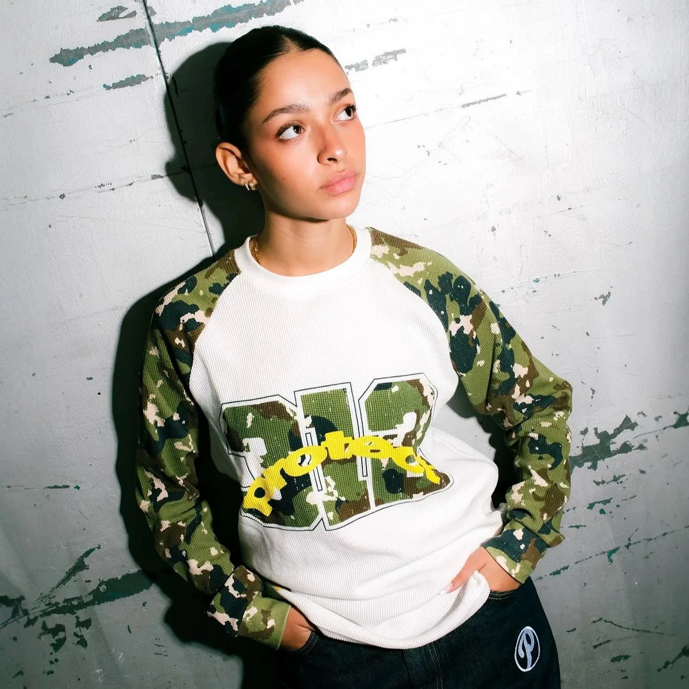 Protect High-Quality Street Camouflage Patchwork Long-Sleeved T-Shirt Loose Lettered Print Waffle Blouse