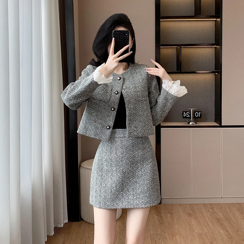 High Quality Fall Winter Tweed Skirt Two Piece Set Women Woolen Lace Patchwork Short Jacket Coat + Mini Skirt Suits Sweet Suits