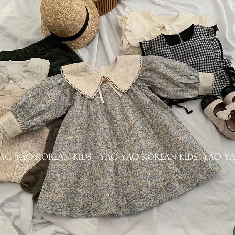 Baby Girls Dress Fashion Loose Floral Peter Pan Collar Sweet 2024 Autumn New Korean Style Childrens Dress