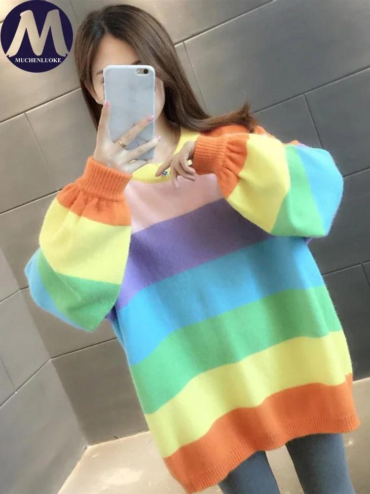 Women's Rainbow Stripe O-Neck Sweater, Loose Knitted Pullovers, Casual Tops, Lazy Breeze, New Fashion, Autumn, Winter, 2023