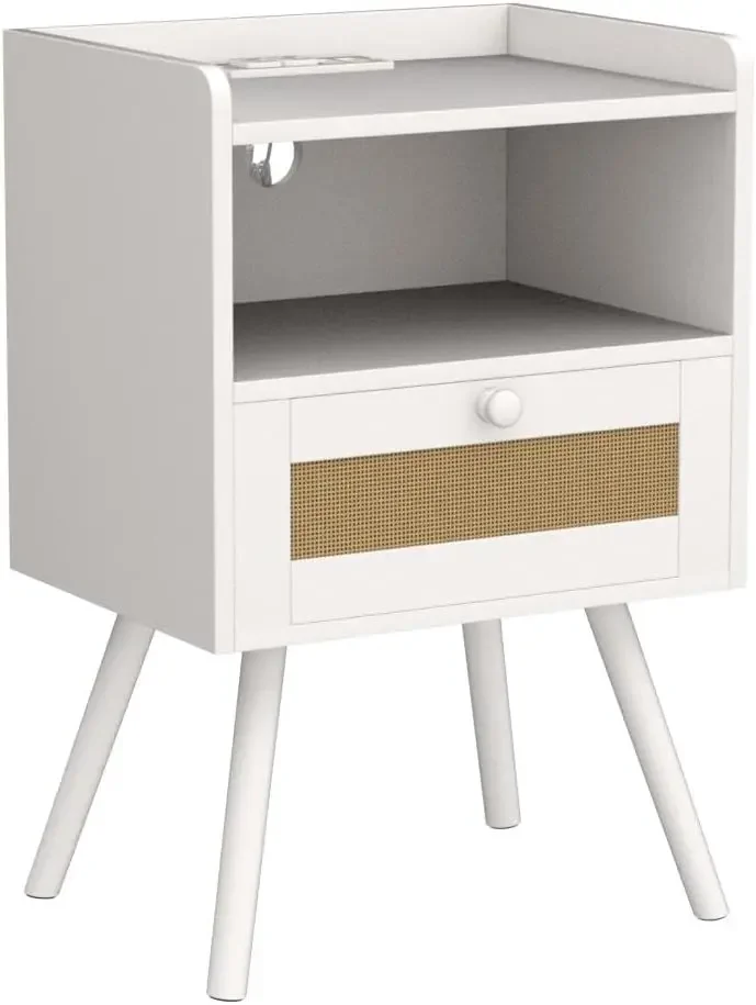 Nightstands with Charging Station, Bedside Table Set of 2 with PE Rattan Drawers, Rattan Side Table with Storage & Solid Wood Fe