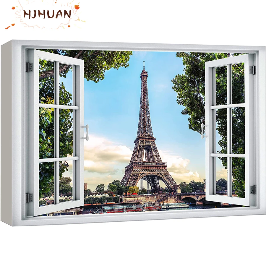 False windows, cityscape of city buildings, Eiffel tower Diamond Painting Full Drill Mosaic Picture Of Rhinestones Home Decor