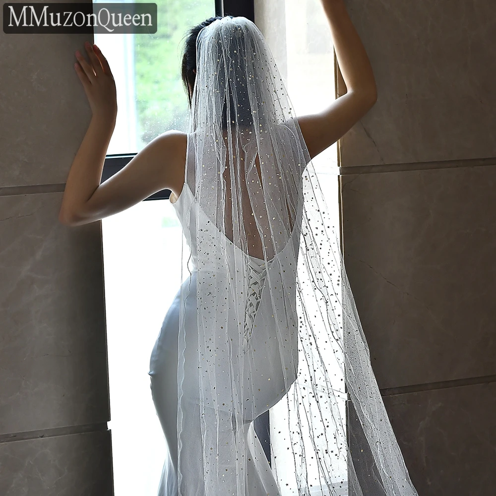 MMQ Star Moon Sequin Bridal Veil Single Layer Elegant Wedding Accessory M14A Véus De Noiva Veil Bride Cathedral