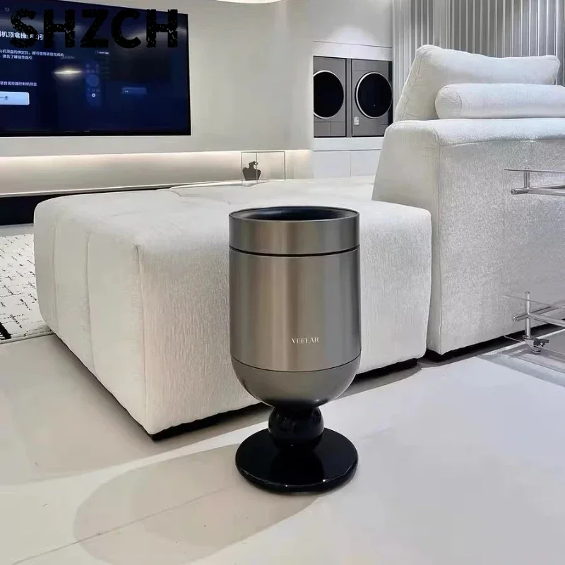2026 New Stainless Steel Trash Can Mid Century Red Garbage Can High Foot Wine Glass Design Waste Bin for Living Room Decor