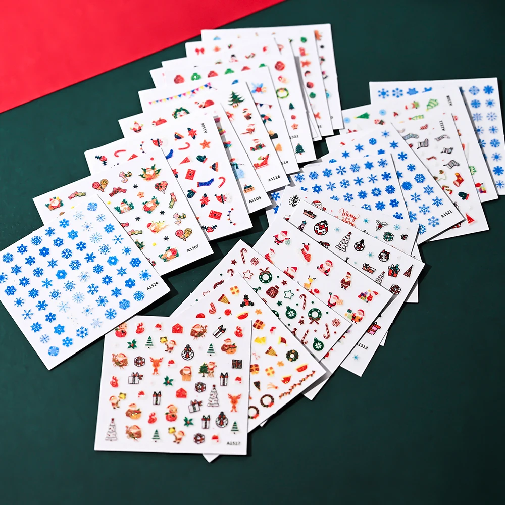 24 Stück 3D-Weihnachts-Nagelkunst-Aufkleber mit glitzerndem Weihnachtsmann, Rentier und Schneemann, 3D-Cartoon-Aufkleber, selbstklebende festliche Maniküre