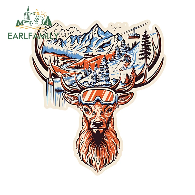 EARLFAMILY 13cm × 11.4cm Ski Theme Reindeer Car Stickers Creative Artistic Cartoon Graphics Decals Waterproof Racing Accessories