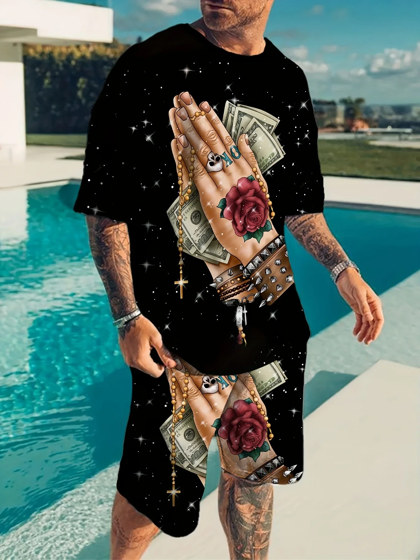 

Praying Hands Print 2Pcs Trendy Outfits For Men, Casual Crew Neck Short Sleeve T-shirt And Shorts Set For Summer