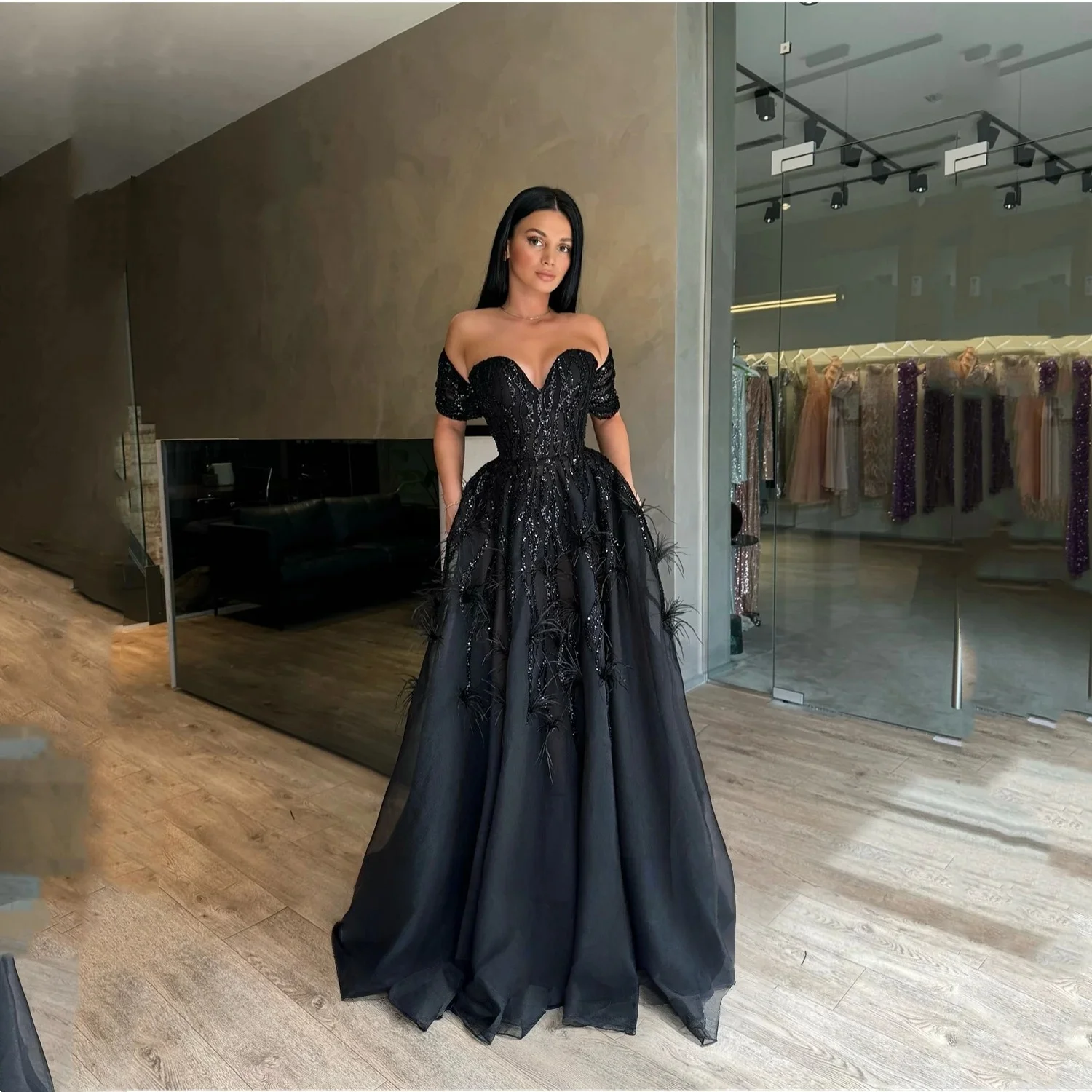 Zwarte Veer Vrouwen Lange Op Maat Gemaakte Gelegenheid Avondjurken Prom Pastrol Unisex Jersey Retro Dubai Saudi Arabisch Aangepast