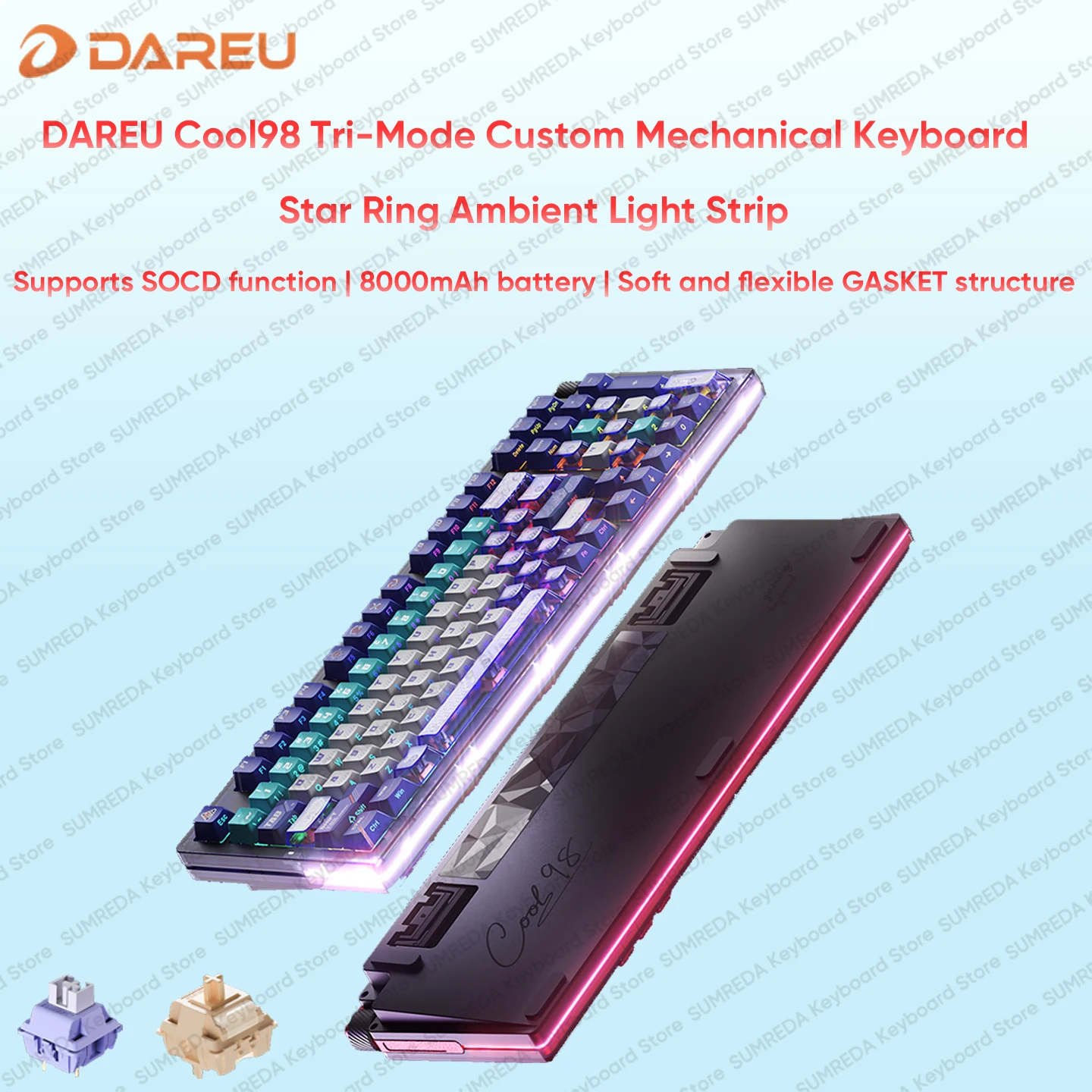 DAREU Cool98 Gaming Mechanical Keyboard Bluetooh 2.4G Wired RGB light strip Gasket structure Support SOCD 8000mAh Game Keyboard