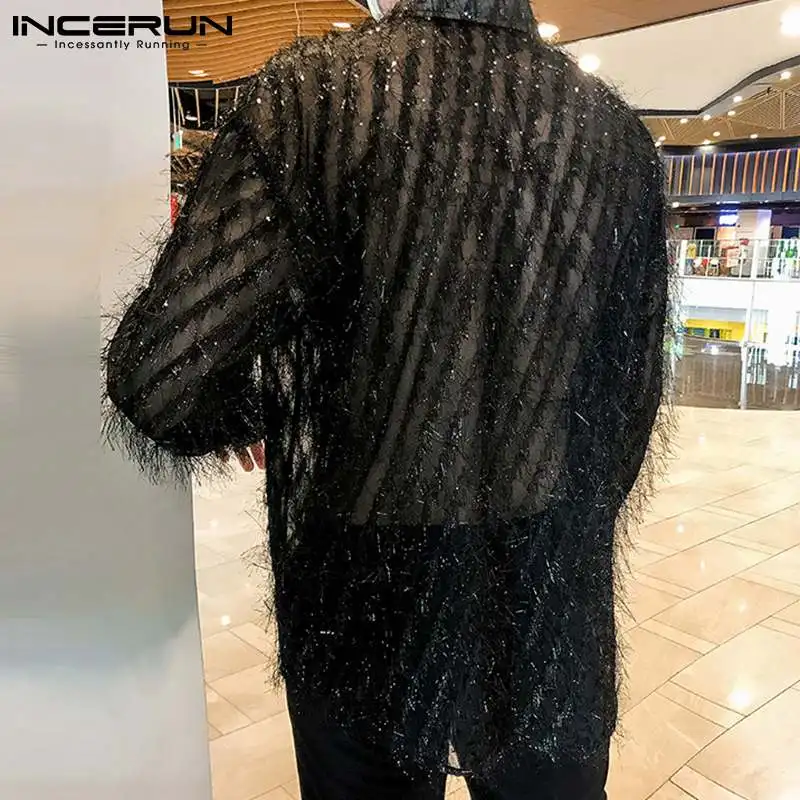 INCERUN Tops 2024 Korean Style Men\'s Solid Long Sleeve Shirts See Through Blouse Fashion Male Sexy Leisure Party Nightclub S-5XL