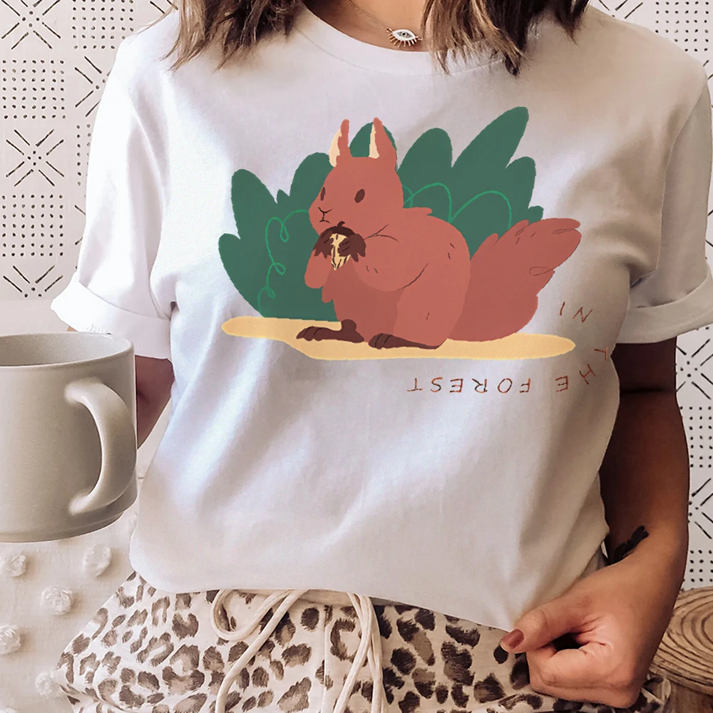 

Y2K Cotton Casual Women‘s T-Shirt Short Sleeve Round Neck Fitted Colorful Cute Cartoon Red-Brown Squirrel In The Forest