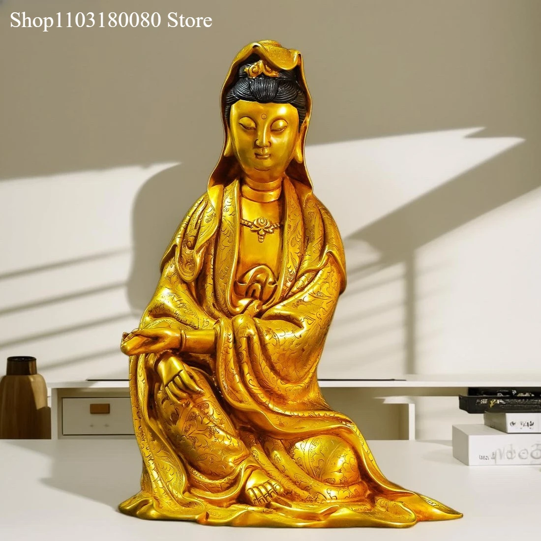 

26cm Copper gilding Holding the Sutra Guanyin buddha statue KWAN-YIN sculpture