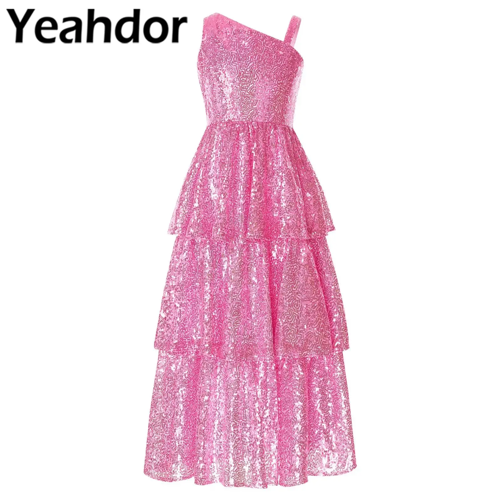 Girls Sequined Tiered Birthday Dress Evening Ruffled A-line Dress Princess Party Gowns for Banquet Proms Flower Girl Costume